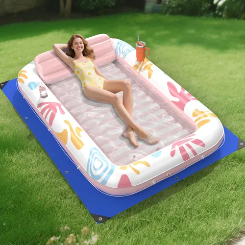Miniatura 17 de Flotador inflable de bronceado para piscina con lona de protección, flotadores de piscina de 85 x 57 pulgadas para adultos con almohada, flotador