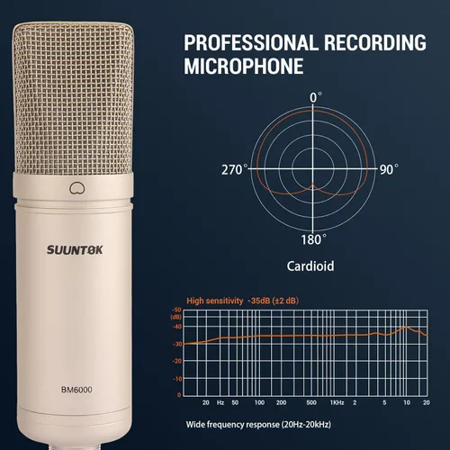 Miniatura 4 de SUUNTOK Micrófono de condensador XLR, Kit de micrófono cardioide profesional de diafragma grande con montaje de choque, para estudio, transmisión