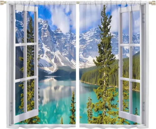 Miniatura 50 de Cortinas de paisaje, ventana tropical con vista al mar, océano, playa, barco, cortinas con estampado de palmeras para dormitorio, sala de estar, Mar