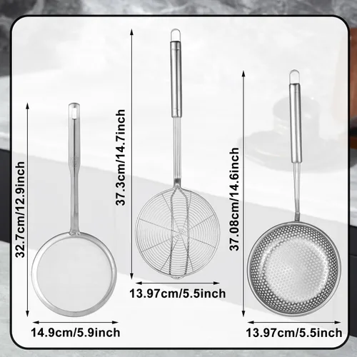Miniatura 3 de Juego de 3 cucharas de colador y espumadera de araña, cucharón de acero inoxidable, tamiz de alambre de metal, agujeros grandes, colador ranurado