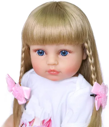 Miniatura 4 de Muñecas de bebé Reborn de 22 pulgadas, cabello rubio, cuerpo completo, vinilo de silicona, ojos azules, vestido rosa, unicornio para niñas, regalos