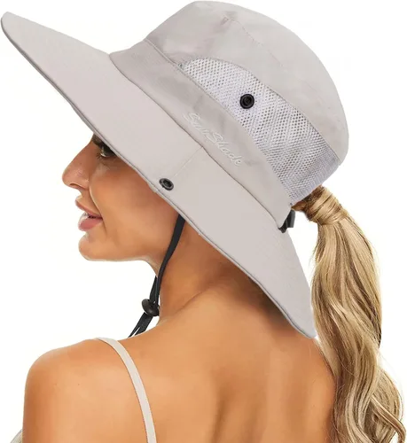 Miniatura 7 de Sombrero de sol de verano para mujer, cola de caballo – Protección UV de malla de ala ancha plegable con agujero para cola de caballo