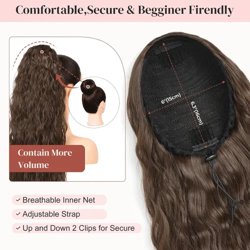 Miniatura 3 de LONAI Extensión de Cola de Caballo, 34" Negro Largo Ondulado con Cordón Extensiones de Cola de Caballo, DP001 Más Suave Más Ligero 80% Importación