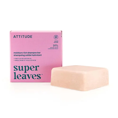ATTITUDE Barra de champú rica en humedad, origen natural, para cabello ultra seco y dañado, aceite de ricino y arcilla rosa, ingredientes
