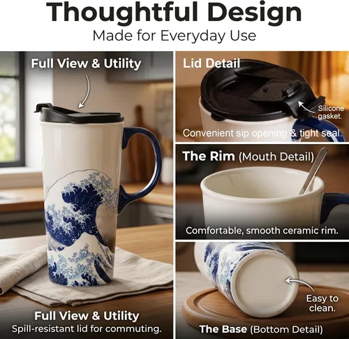 Miniatura 7 de DUSVALLY - Taza de viaje de cerámica de 17 onzas con tapa y asa, taza de café de gran ola, taza de té de arte japonés, apta para microondas