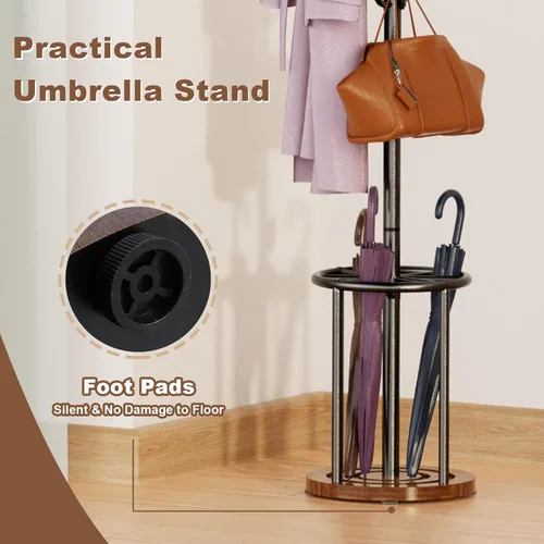 Miniatura 5 de Perchero independiente con soporte para paraguas, perchero con 12 ganchos para ropa, bolsos, sombreros, perchero, árbol, perchero, sombrero, Marrón