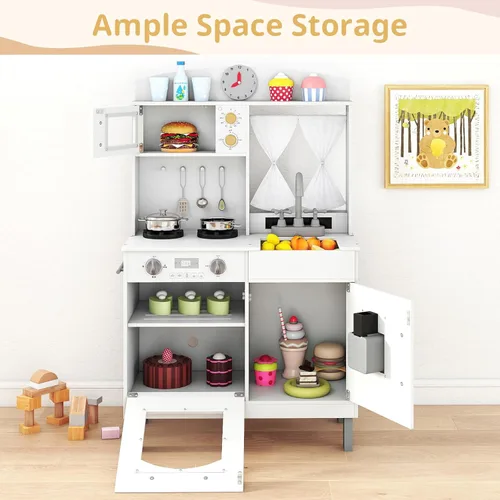Miniatura 6 de INFANS Cocina de Madera para Niños, Juego de Pretensión con Alturas Ajustables, Sonidos Realistas, Heladera, Microondas, Horno, Juguete de Cocina