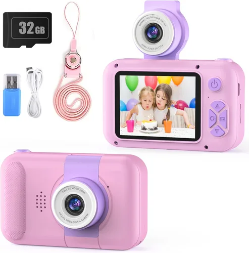 Cámara para niños con lente giratoria de 180° para selfie y video, cámaras de video digitales HD para niños pequeños con tarjeta SD de 32 GB, ideal