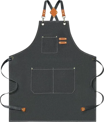Miniatura 8 de Delantales de chef para hombres y mujeres con bolsillos grandes, delantal de lona de algodón resistente con espalda cruzada Negro