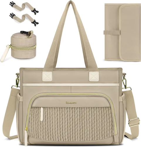 Miniatura 8 de RAINSMORE Bolsa de pañales, bolsa grande para pañales impermeable, bolsa de pañales multifunción con estuche para chupete y cambiador Negro