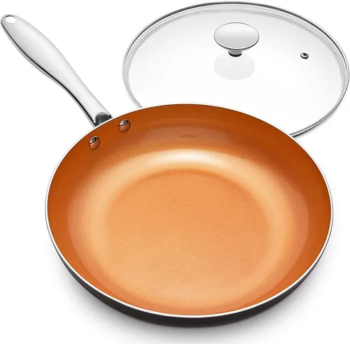 MICHELANGELO Sartén con tapa, sartén antiadherente de 8 pulgadas con revestimiento de titanio de cerámica, sartén de cobre con tapa, sartén pequeña
