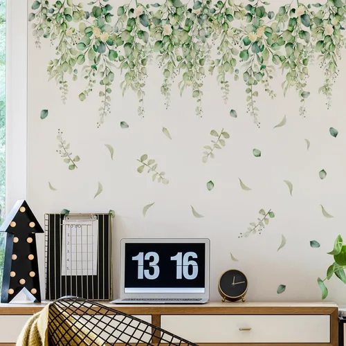 Miniatura 4 de Calcomanías de pared con hojas verdes, flores, plantas, despegar y pegar, murales de pared extraíbles, para sala de estar, dormitorio, TV, fondo