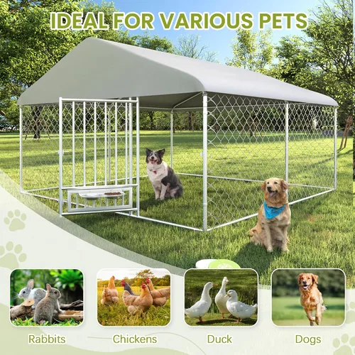 Miniatura 7 de 10FT x 10FT Outdoor Dog Kennel with Roof, Outside Dog Run Fence with Rotated Dog Bowls, Large Dog House Pen Enclosure with Secure Lock&Textilene Door