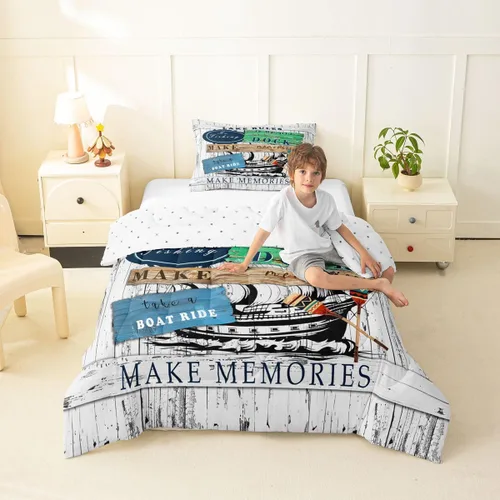Erosebridal Juego de edredón de barco muelle, juego de ropa de cama con diseño de paleta de lago, tamaño individual para niños, adolescentes y