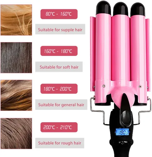 Miniatura 5 de Plancha rizadora de 3 barriles de cerámica con pantalla LCD y herramienta de doble voltaje para mujeres, ondas de playa con temperatura ajustable
