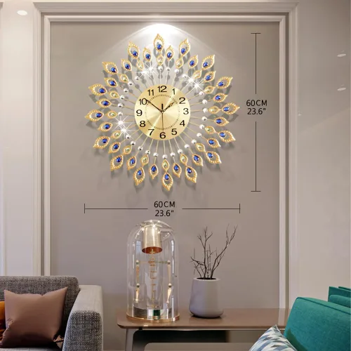 Miniatura 3 de Reloj de pared grande y moderno para decoración de sala de estar, reloj de pared de cristal decorativo de 24 pulgadas estilo pavo real, operado