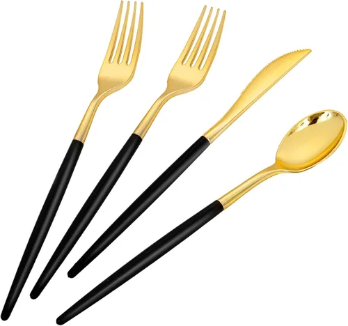 Miniatura 13 de SUT 150 piezas de cubiertos de plástico dorado, utensilios de plástico, cubiertos dorados desechables, utensilios desechables resistentes, juego