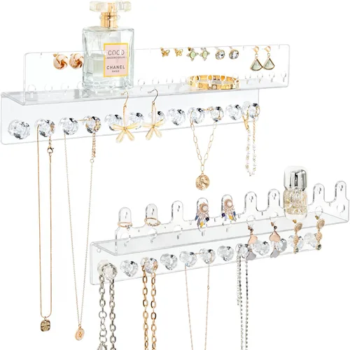 Miniatura 9 de Organizador de joyas colgante de acrílico montado en la pared con estante flotante, organizador de collar y organizador de aretes para mujeres