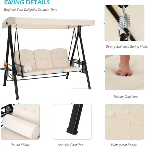 Miniatura 3 de AECOJOY - columpio de porche al aire libre con cubierta, columpios de patio de 3 asientos con toldo ajustable, columpio exterior para adultos