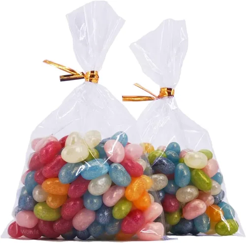 Miniatura 10 de Wowfit 100 bolsas de celofán plano transparente de 2 x 10 pulgadas con lazos dorados de 4 pulgadas, embalaje de celofán para barras de pretzel