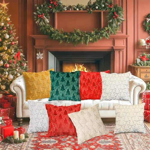 Miniatura 6 de Juego de 2 fundas de almohada de Navidad de 18 x 18 pulgadas, fundas de almohada beige con patrón de árbol de Navidad, fundas de cojín de piel