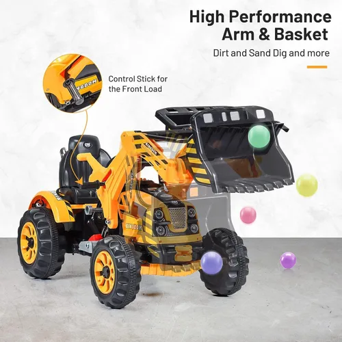 Miniatura 8 de OLAKIDS - Carrito excavador para niños, tractor de construcción a batería de 12 V con cubo de trabajo, bocina, excavadora de carga frontal a batería