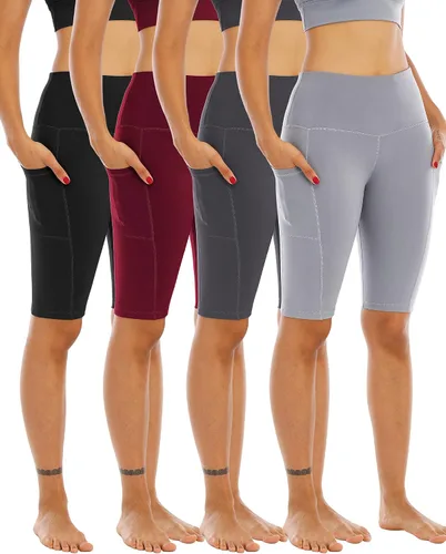 Miniatura 6 de WHOUARE Paquete de 4 pantalones cortos de yoga con bolsillos para mujer, cintura alta, atléticos, correr, entrenamiento, gimnasio, control de abdomen