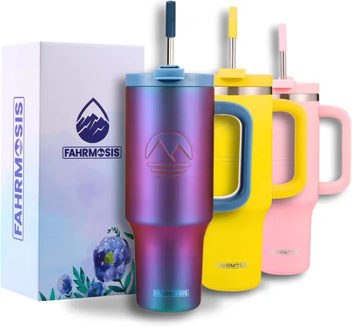 Miniatura 19 de FAHRMOSIS Vaso de 40 onzas con asa y pajita, taza aislada que cabe en el portavasos para bebidas frías y calientes, vaso a prueba de fugas