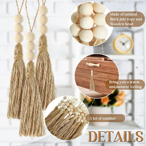 Miniatura 3 de Taiyin 40 juegos de borlas de yute con 3 cuentas de madera, cuerda de yute natural, borlas de arpillera para árbol de Navidad, manualidades, cuentas