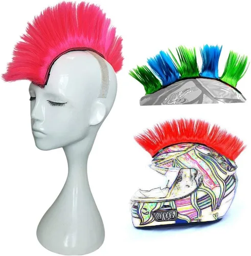 Miniatura 13 de Cresta estilo mohicano con adhesivo para casco de motocicleta, bicicleta, esquí, snowboard. Incluye peluca estilo mohicano para trajes de skinhead
