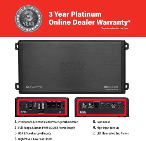 Miniatura 3 de BOSS Audio Systems BE600.2D Elite Series Amplificador de coche de 2 canales clase D - 600 entradas de alto y bajo nivel, conexión a subwoofer