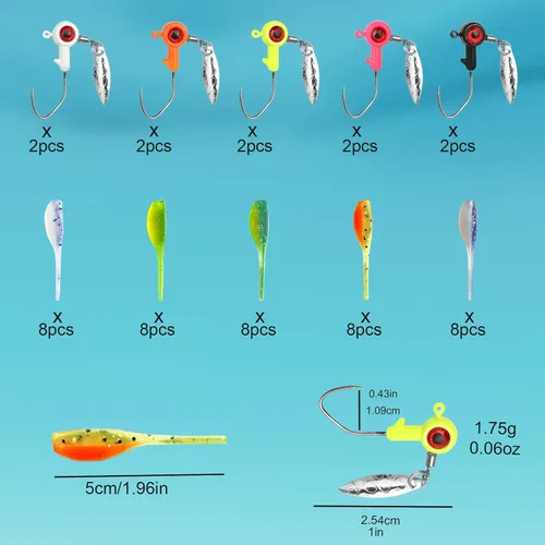 Miniatura 2 de 50 piezas de conjunto de señuelos para crappie - 2 pulgadas de cebo, cabezas de jig y anzuelos para pesca versátil A: 10 plantillas de 1/16 oz y 40