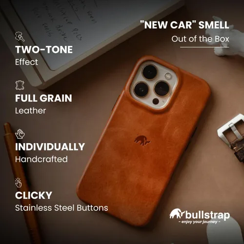 Miniatura 3 de Bullstrap Funda minimalista de cuero hecha a mano con parte inferior abierta para iPhone 13 Mini Funda de cuero de grano completo compatible