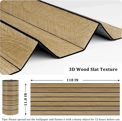 Miniatura 6 de Paneles de Madera Marrón 3D para Paredes 120" x 12" Paneles de Pared de Listones Acústicos Despegar y Pegar Paneles de Madera Autoadhesivos