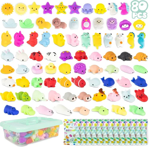 BONNYCO Mochi - Juguetes esponjosos a granel para niños, paquete de 80 bolsas de regalos para niños de 3-5, 4-8, regalos de devolución para fiesta