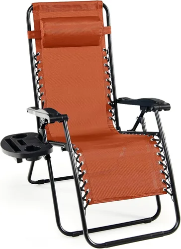 Miniatura 24 de Goplus Sillas de salón Zero Gravity, reclinables plegables ajustables en 160° con almohada y soporte para tazas, cómodas sillas de descanso de 350