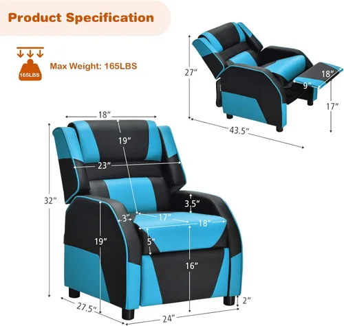 Miniatura 3 de Giantex Silla reclinable para niños, silla reclinable para juegos con reposapiés, reposacabezas y soporte lumbar, silla ergonómica de cuero para Azul