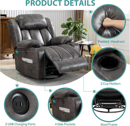 Miniatura 5 de MEETWARM Massage Swivel Rocker Recliner with Heat and Vibration, Manual Glider Rocking Recliner Chair, 360°Swivel Lounge Reclining Chair with Cup