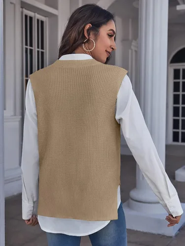 Miniatura 2 de Verdusa Chaleco de suéter sin mangas con cuello redondo dividido para mujer
