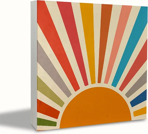 KEUSPI Decoración de escritorio bohemia, retro, bohemio, amanecer, puesta de sol, sol, colorido, rústico, bohemio, bloque de madera, placa de Sol