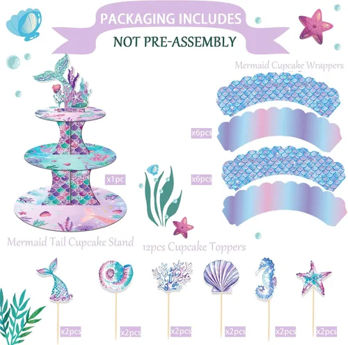 Miniatura 2 de Soporte para cupcakes de sirena, 3 niveles con 12 adornos Bajo el tema del mar, decoraciones de fiesta de cumpleaños para niñas, suministros
