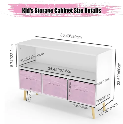 Miniatura 3 de Estantería para niños, organizador de almacenamiento de juguetes, estantería para niños con 3 cajones de tela plegables y patas de madera, Rosado