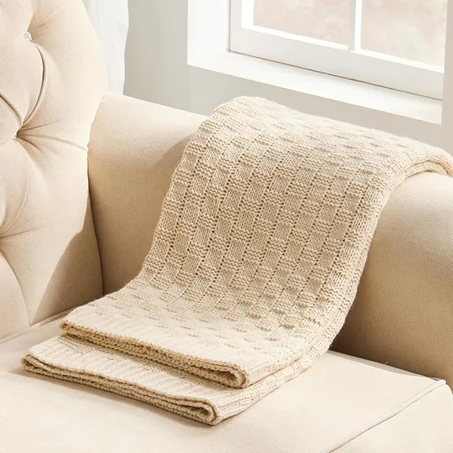 Manta de punto beige para sofá, manta de punto de tablero de ajedrez beige para cama, manta de punto reversible suave y acogedora, 50 x 60 pulgadas,