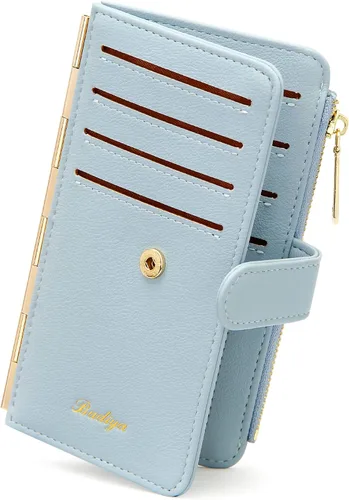Miniatura 8 de Badiya Tarjetero de crédito para mujer, con bloqueo RFID, delgada, plegable, con bolsillo con cremallera y 3 ventanas para identificación