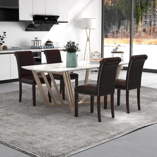Miniatura 2 de Westice Juego de 8 sillas de comedor tapizadas de tela para cocina, sillas laterales de comedor con ribete de cabeza de clavo y patas de madera