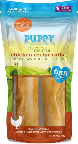 Canine Naturals Puppy Chicken and Rice Chew - Golosinas para cachorros sin cuero crudo, hechas con pollo estadounidense, totalmente naturales y