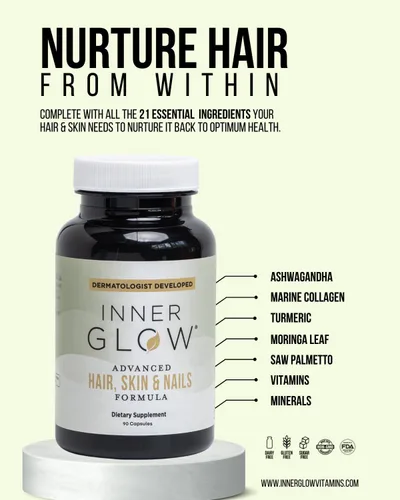 Miniatura 6 de Inner Glow Vitaminas Avanzadas para el Cabello, la Piel y las Uñas – Suplemento Capilar Desarrollado por Médicos con Biotina, Péptidos de Colágeno