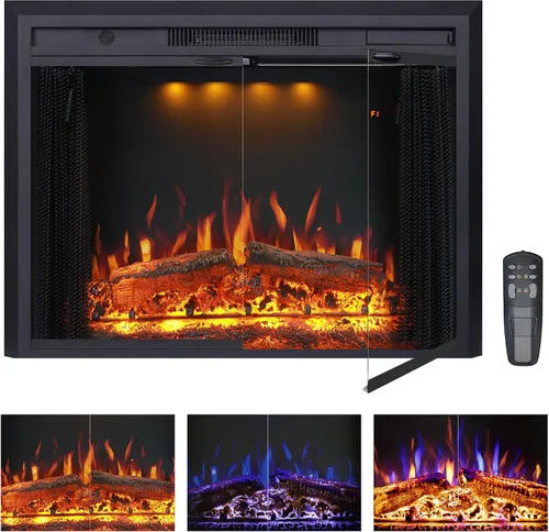 Miniatura 16 de Valuxhome Inserto de chimenea eléctrica de 35.63” de ancho y 27.5" de alto con ajustes de temperatura baja/alta, pantalla de malla móvil y puerta