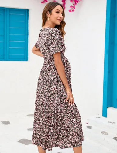 Miniatura 7 de KOJOOIN Vestido de maternidad bohemio con volantes de manga corta para mujer, vestido midi con cuello redondo fruncido floral para baby shower