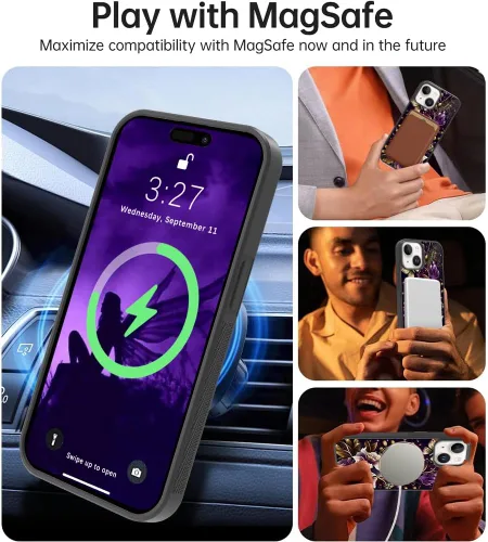 Miniatura 4 de OOK Funda Magnética para iPhone 15 Plus Diseño de Nebulosa Espacial de Flores Morado Profundo [Compatible con MagSafe] PC Duro + TPU Suave
